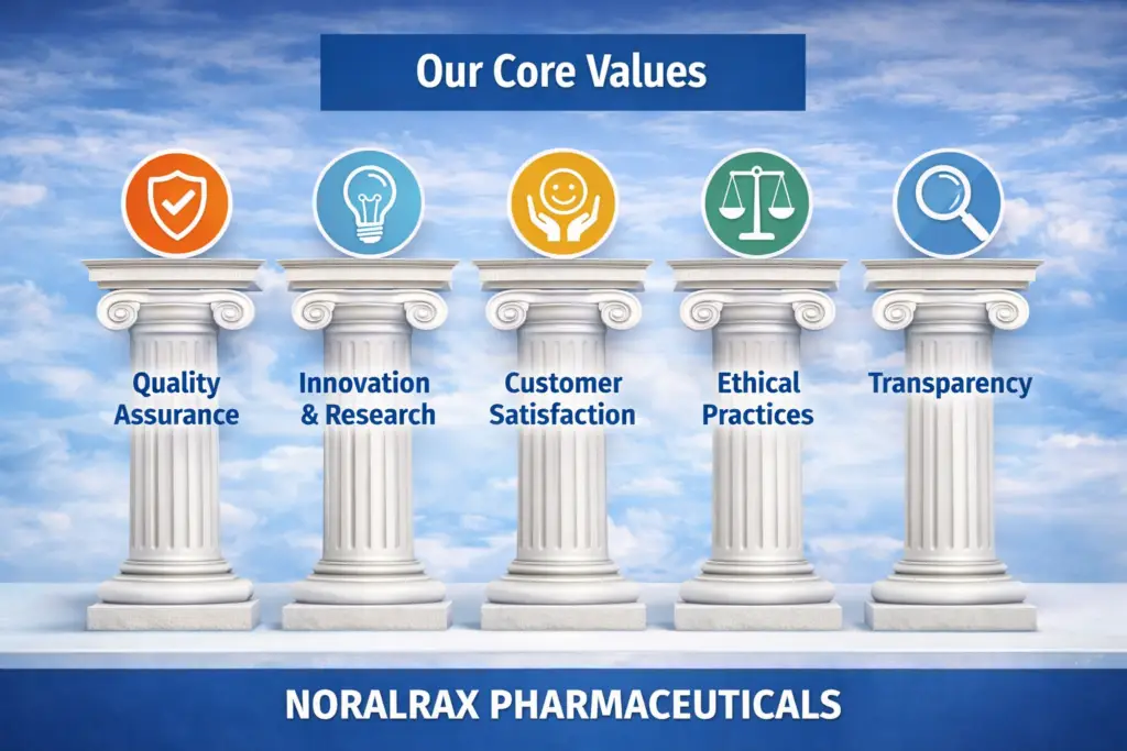 Noralrax Pharmaceuticals core values including quality assurance innovation research customer satisfaction ethical practices and transparency